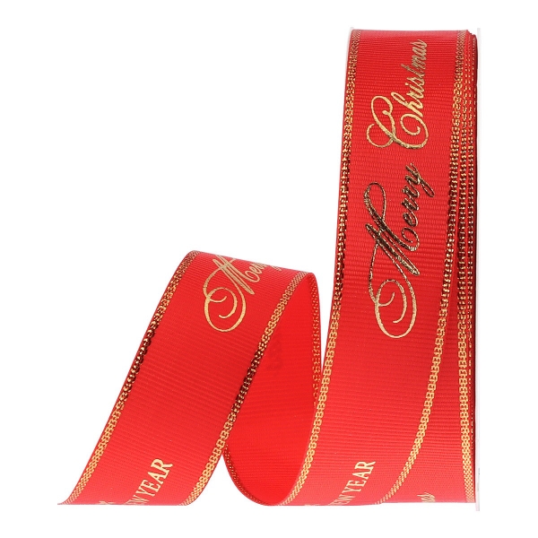 Ruybang noel-màu ĐỎ in chữ Merry Christmas & Happy new year nhũ  khổ to (2.5 cm x 25m).