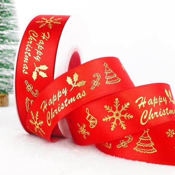 Ruybang noel-màu đỏ in họa tiết màu vàng khổ to (2.5 cm x 36m).