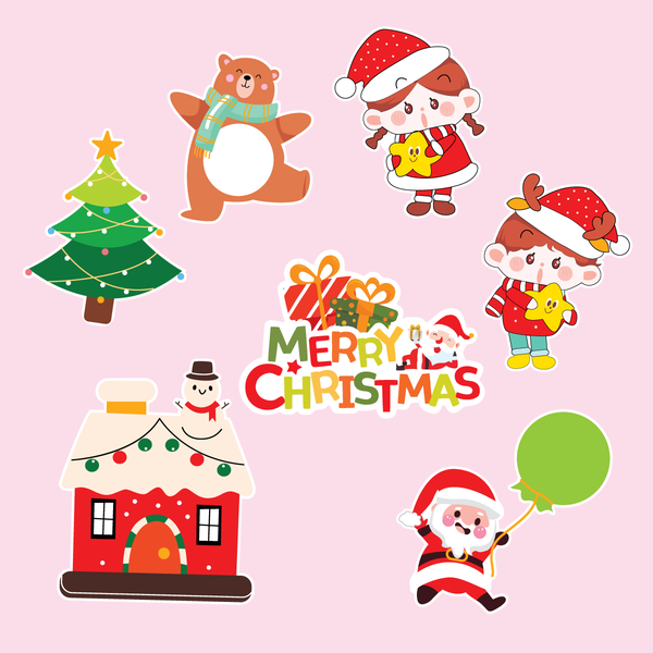 Combo 2 set giấy giáng sinh (noel) -2 em bé trai gái + cây thông+ ngôi nhà+gấu bụng to.