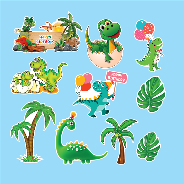 Combo 2 set giấy - khủng long chùm bóng + bảng HPBD + cây dừa.