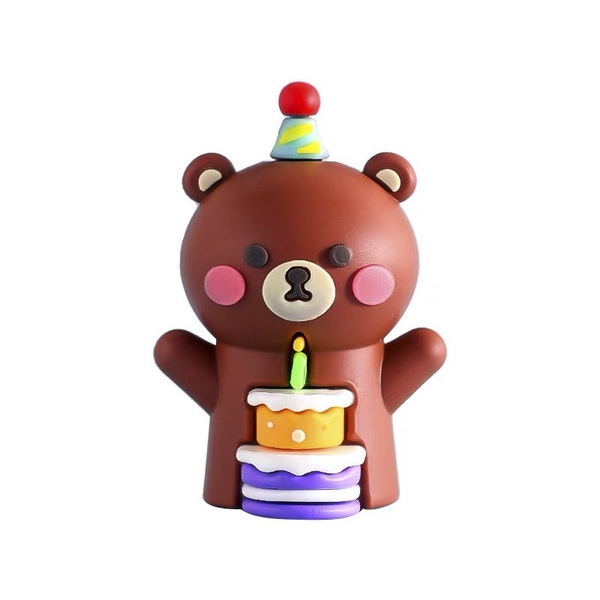 Tượng GẤU nâu đội mũ và bánh (nhựa).