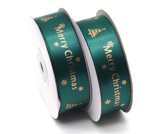 Ruybang noel (giáng sinh) 2.5cm x 36m  họa tiết chữ và cây thông-XANH LÁ ĐẬM.