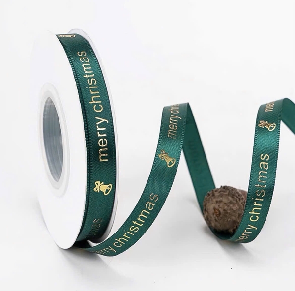Ruybang noel (giáng sinh) 1cm x 22m họa tiết chữ và chiếc chuông-XANH LÁ ĐẬM.