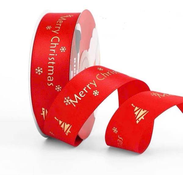 Ruybang noel (giáng sinh) 2.5cm x 36m họa tiết chữ và cây thông-ĐỎ TƯƠI.