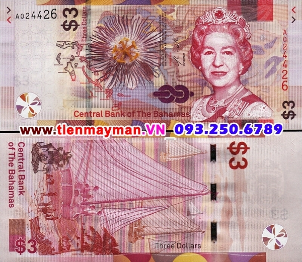 Tiền giấy Bahamas 3 Dollar 2019 UNC