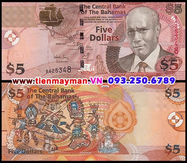 Tiền giấy Bahamas 5 Dollar 2007 UNC