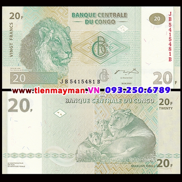 Tiền giấy Congo 20 Francs 2007 UNC