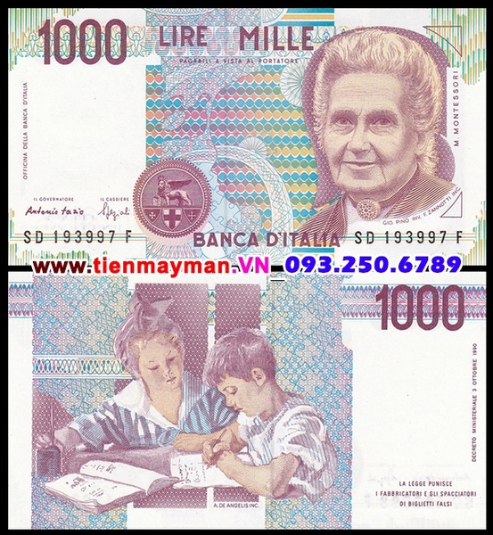 Tiền giấy Ý 1000 Lire 1990 UNC