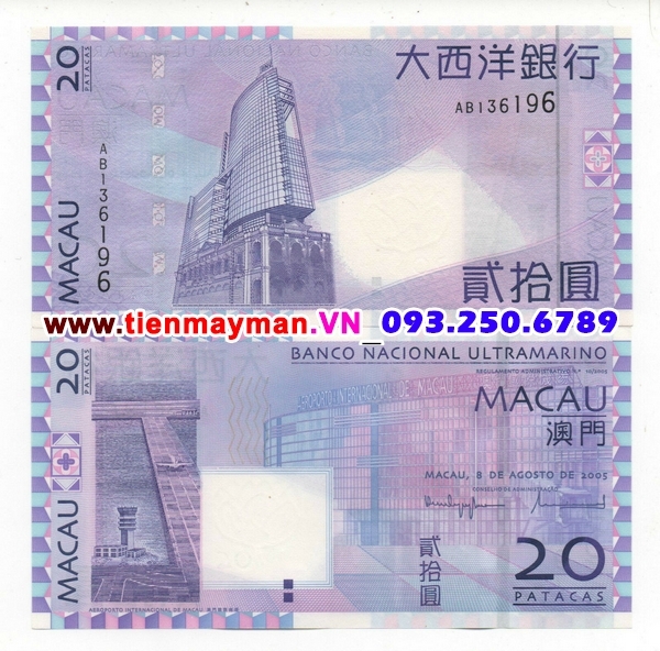 Tiền giấy Macao 20 Patacas 2005 UNC Ultramarino Bank