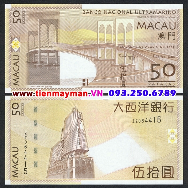 Tiền giấy Macao 50 Patacas 2009 UNC Ultramarino Bank
