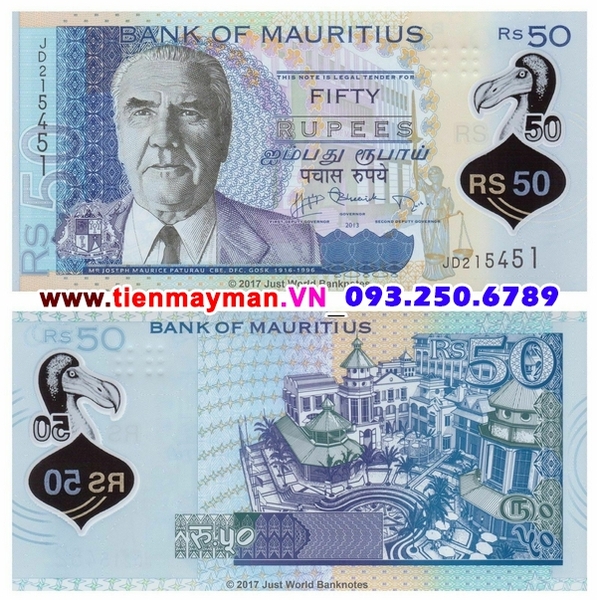 Tiền giấy Mauritius 50 Rupees 2013 UNC polymer