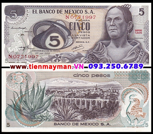 Tiền giấy Mexico 5 pesos 1969 UNC