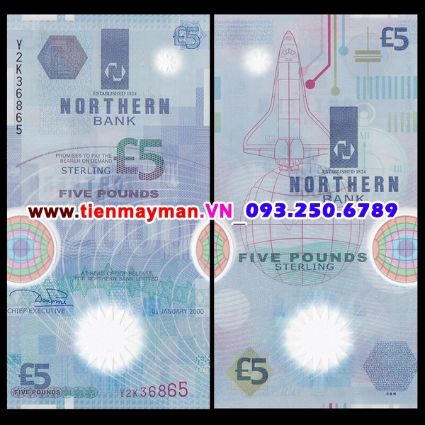 Tiền giấy Bắc Ireland 5 Pound 2000 UNC Polymer