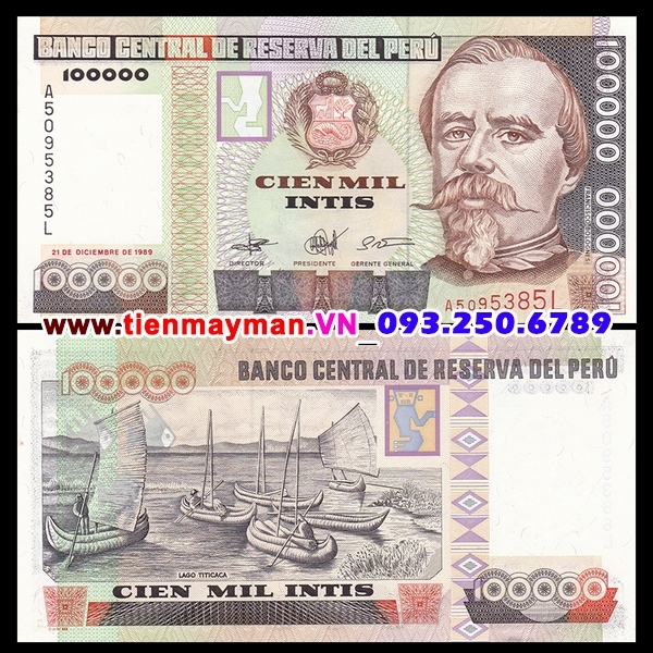 Tiền giấy Peru 100000 Intis 1989 UNC