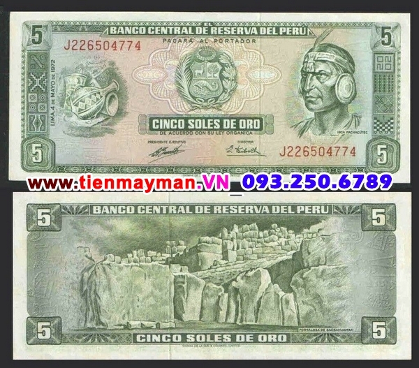 Tiền giấy Peru 5 soles 1975 UNC