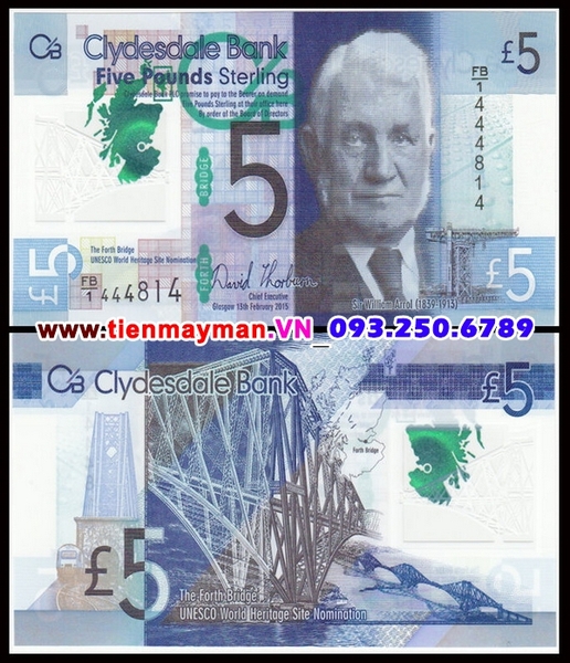 Tiền giấy Scotland 5 Pound 2015 UNC Clydesdale Bank Polymer