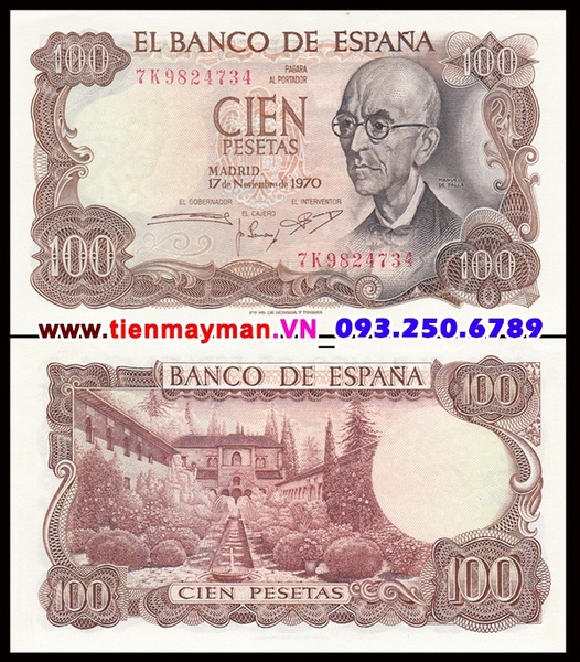 Tiền giấy Tây Ban Nha 100 Pesetas 1970 UNC