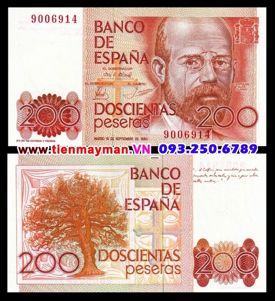 Tiền giấy Tây Ban Nha 200 Pesetas 1980 UNC