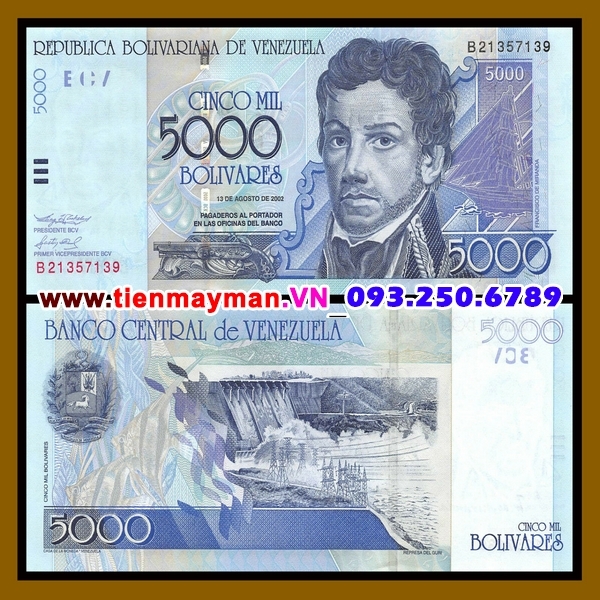 Tiền giấy Venezuela 5000 Bolivares 2002 UNC