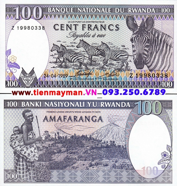 Tiền giấy Rwanda 100 Francs 1989 UNC