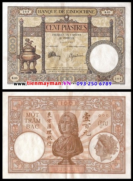 Tiền giấy Đông Dương 100 PIASTRE | 100 Đồng CHỮ KÍ 3, Bộ Lư