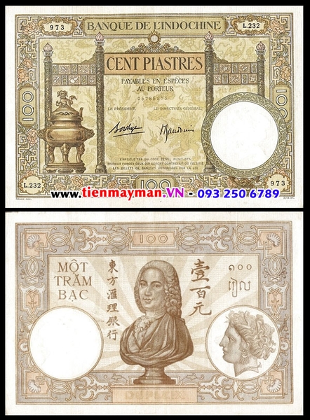 Tiền giấy Đông Dương 100 PIASTRE | 100 Đồng CHỮ KÍ 4, Bộ Lư