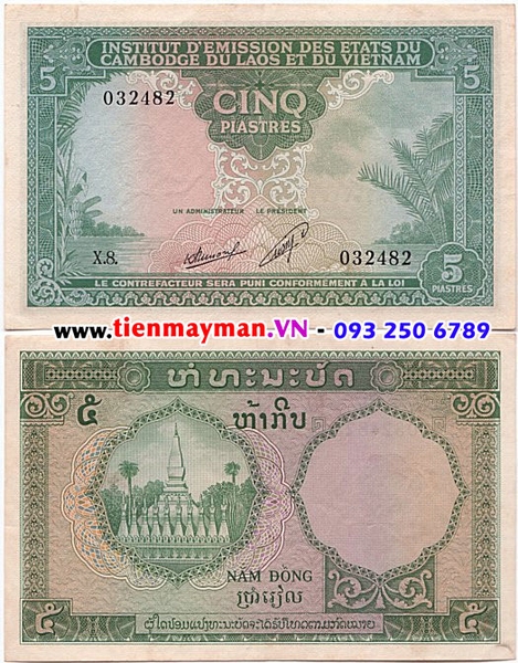 5 Piastres chùa Lào 1953 P-101 | 10 Đồng Viện Phát Hành Lào