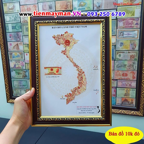 khung tranh tiền giấy 10k đỏ bản đồ việt nam