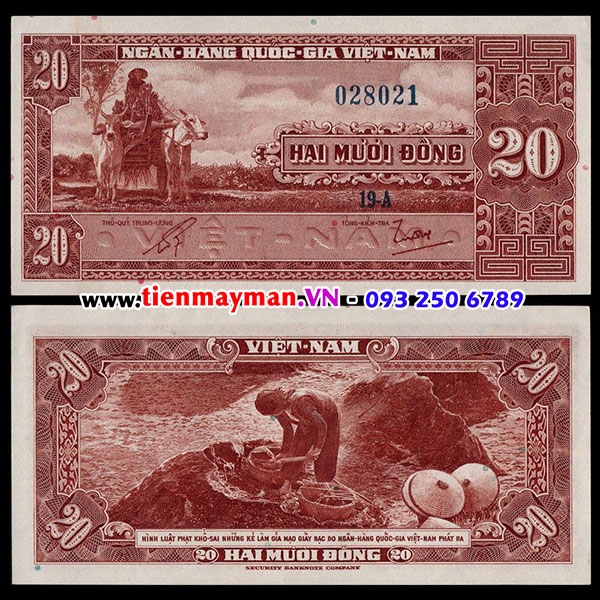 Tiền VNCH 20 Đồng 1962 P-6 | 20 đồng xe bò chở rơm - phụ nữ xúc than
