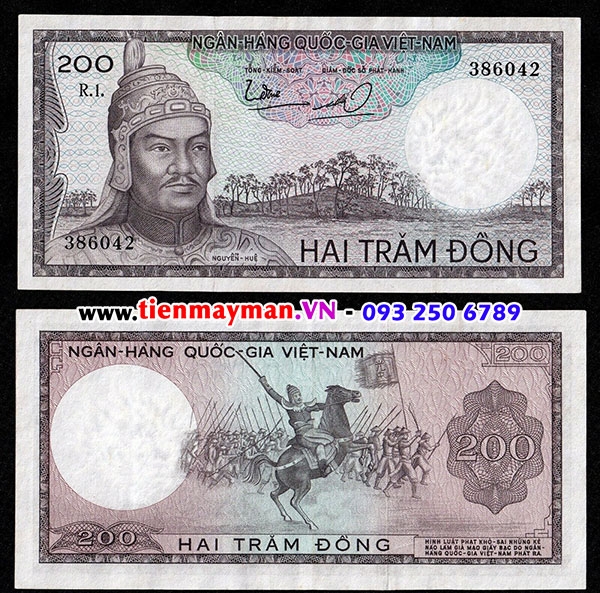 Tiền VNCH 200 Đồng Nguyễn Huệ in chìm Đầu Rồng P-20a | 20 Đồng 1966