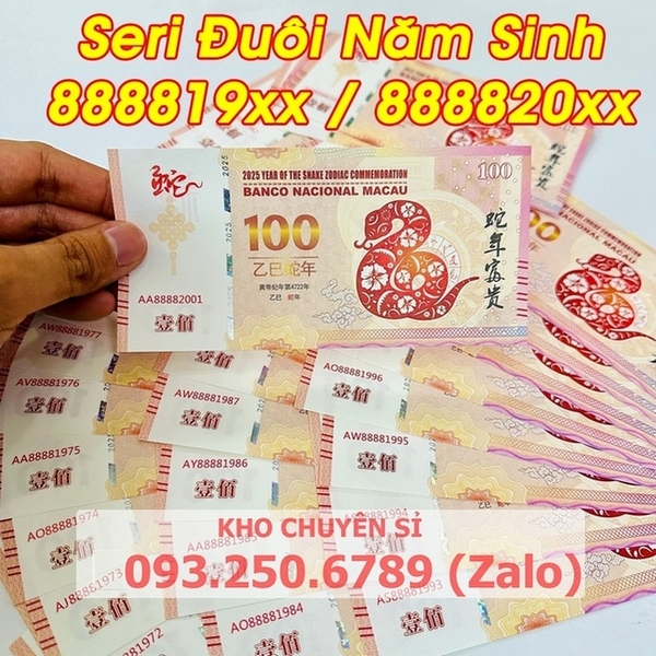 Tiền hình con rắn 100 Macao lưu niệm SERI NĂM SINH