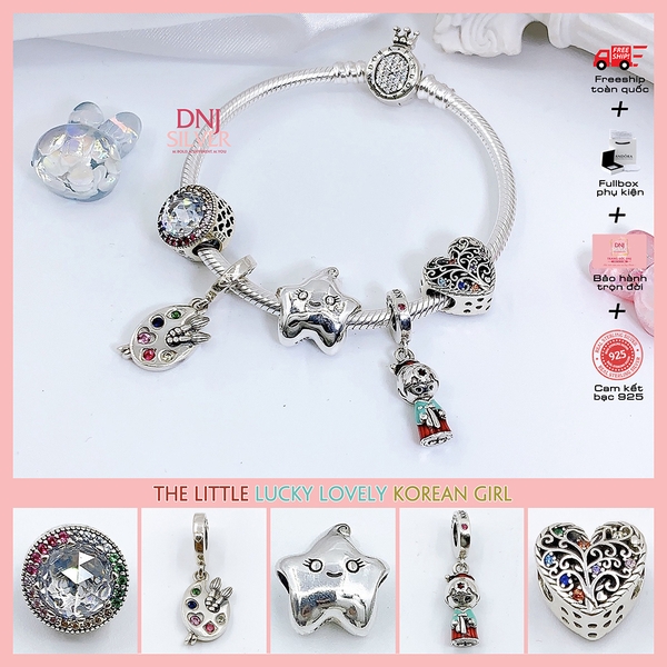 Vòng tay charm bạc 925 cao cấp - Bộ Vòng charm The Little Lucky Lovely Korean Girl - Vòng tay dành cho nam và nữ