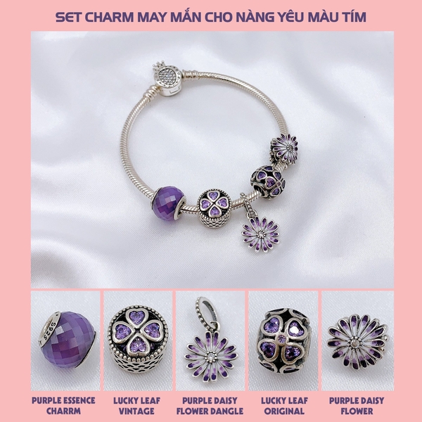 Vòng tay bạc S925, vòng tay charm thời trang phong thủy, Set Charm May Mắn Cho Nàng Yêu Màu Tím - Mã DS0017