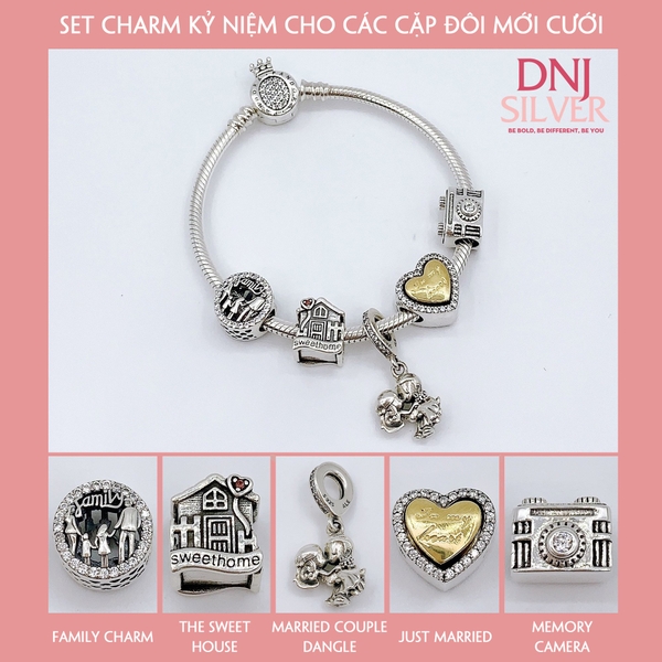 Vòng tay bạc S925, vòng tay charm thời trang phong thủy, Set Charm Kỷ Niệm Cho Các Cặp Đôi Mới Cưới - Mã DS0032