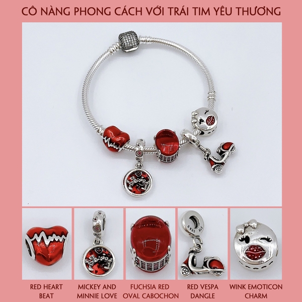 Vòng tay bạc S925, vòng tay charm thời trang phong thủy, Cô Nàng Phong Cách Với Trái Tim Yêu Thương - Mã DS0036