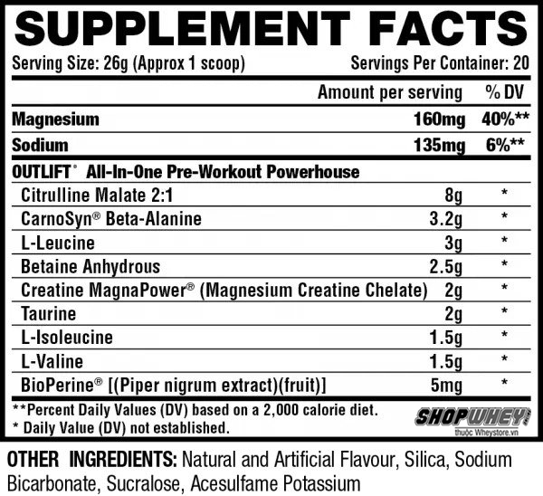 Nutrition Facts Nutrex Outlift Stim-Free 20 servings