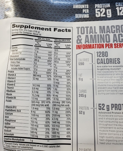 Nutrition Facts Super Mass Gainer