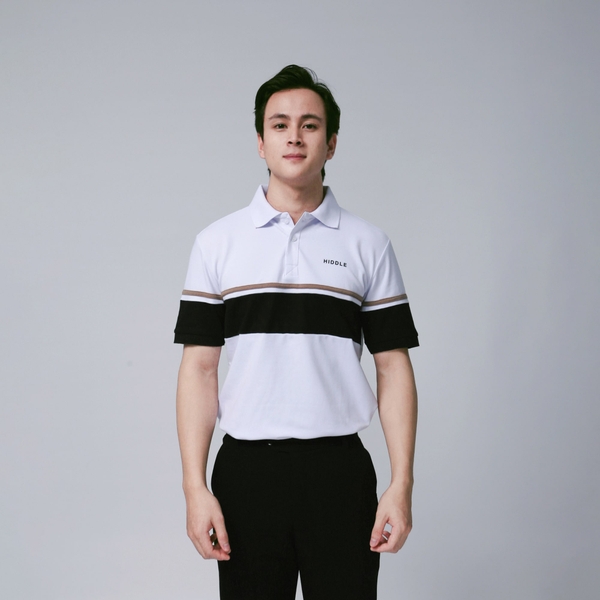 Áo polo nam trắng phối sọc ngang chính hãng