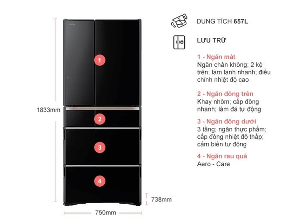 Tủ lạnh 6 cánh Hitachi G620GV (XK) - 657 Lít Inverter