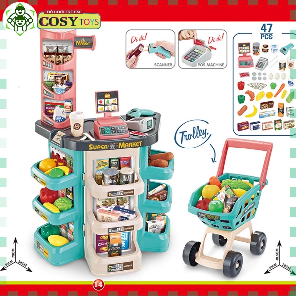 Bộ đồ chơi siêu thị cỡ lớn với hơn 47 chi tiết cùng với xe đẩy hàng cho bé