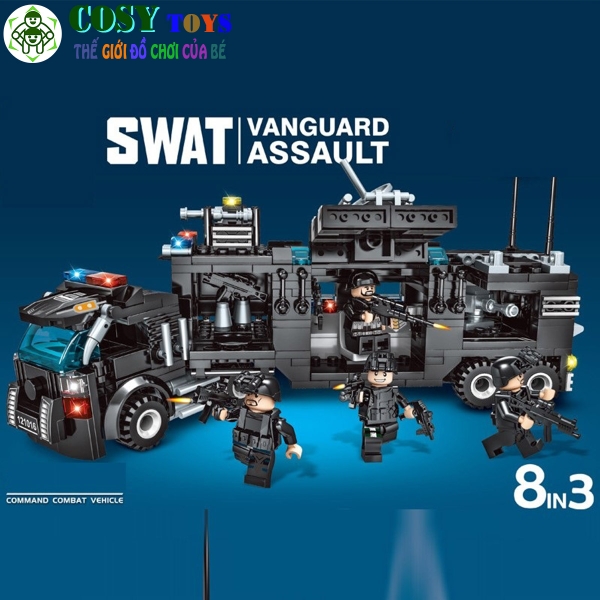 Đồ chơi lắp ghép xếp hình xe cảnh sát đặc nhiệm S.WAT 8 trong 3 - với 820 mảnh ghép ráp được 8 mô hình 3 cách chơi