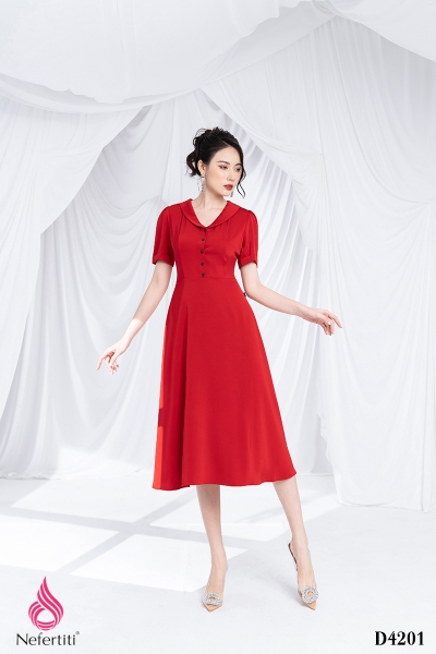 3D4201 - ĐẦM ĐỎ DÁNG XÒE THANH LỊCH