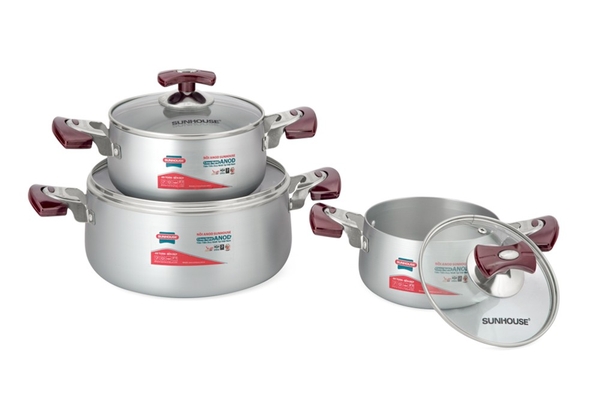 Bộ nồi anod SUNHOUSE SH6633 quai EB (16,18, 24) - Nhôm cao cấp nguyên chất, Vũng kính cường lực