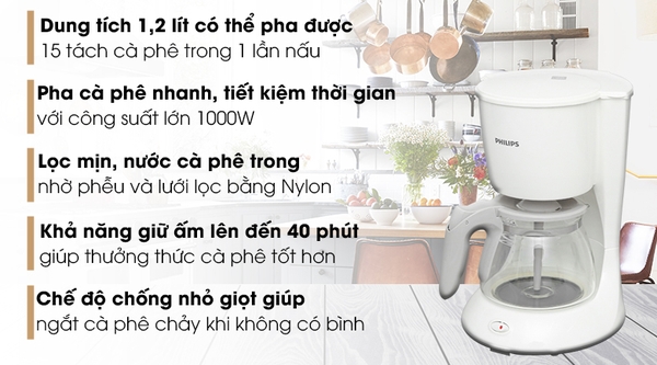 Máy pha cà phê Philips HD7447, Công suất 1000W, Dung tích 1.2 lít, Chất liệu vỏ thủy tinh, Thời gian giữ ấm 40 phút, Bảo hành 2 năm