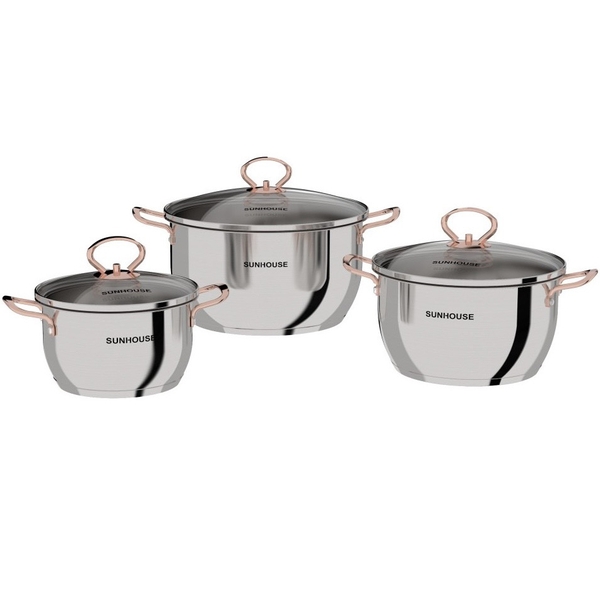 Bộ nồi inox 3 đáy Sunhouse SHG306, Bộ 3 nồi size 16, 20, 24cm, Vung kính cường lực siêu bền, Sử dụng trên mọi loại bếp