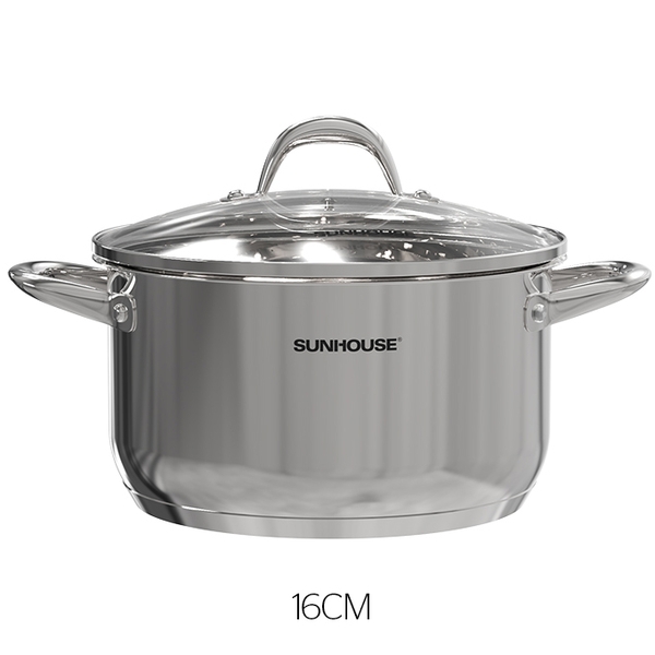 Nồi inox 3 đáy Sunhouse SHG301-16, Đường kính 16cm, Vung kính cường lực siêu bền, Sử dụng trên mọi loại bếp