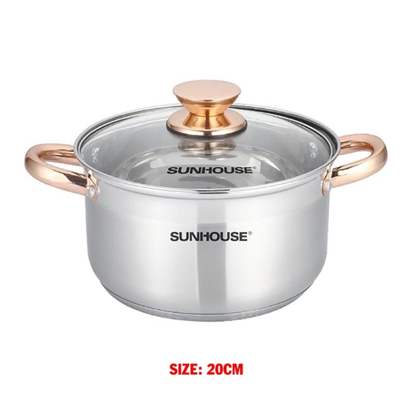 Nồi inox 5 đáy Sunhouse SH781, Size 20cm, Chất liệu inox cao cấp, Vung kính cường lực, Sử dụng trên mọi loại bếp