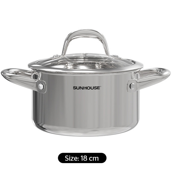 Nồi inox 304 đáy liền Sunhouse SHG706-18, Đường kính 18cm, Vung kính cường lực siêu bền, Sử dụng trên mọi loại bếp