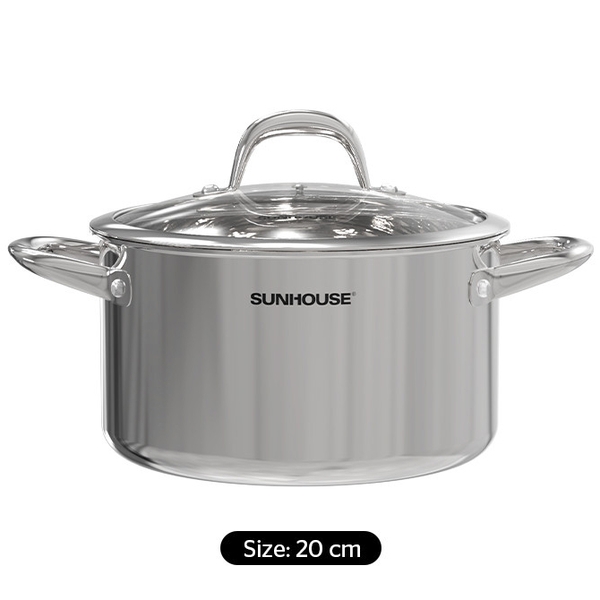 Nồi inox 304 đáy liền Sunhouse SHG706-20, Đường kính 20cm, Vung kính cường lực siêu bền, Sử dụng trên mọi loại bếp