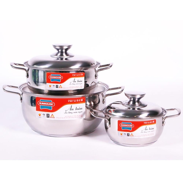 Bộ nồi inox 3 đáy Sunhouse SH335, Bộ 3 nồi size 16, 20, 24cm, Vung inox siêu bền, Sử dụng trên mọi loại bếp